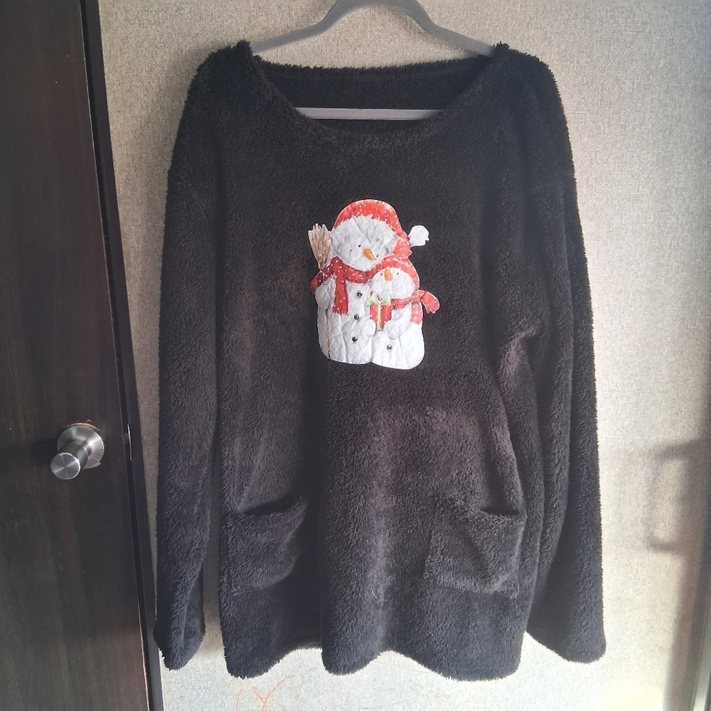 3xl Plus Size Snowman Sweatshirt Long Sleeve Holiday Christmas Black Soft Fuzzy
